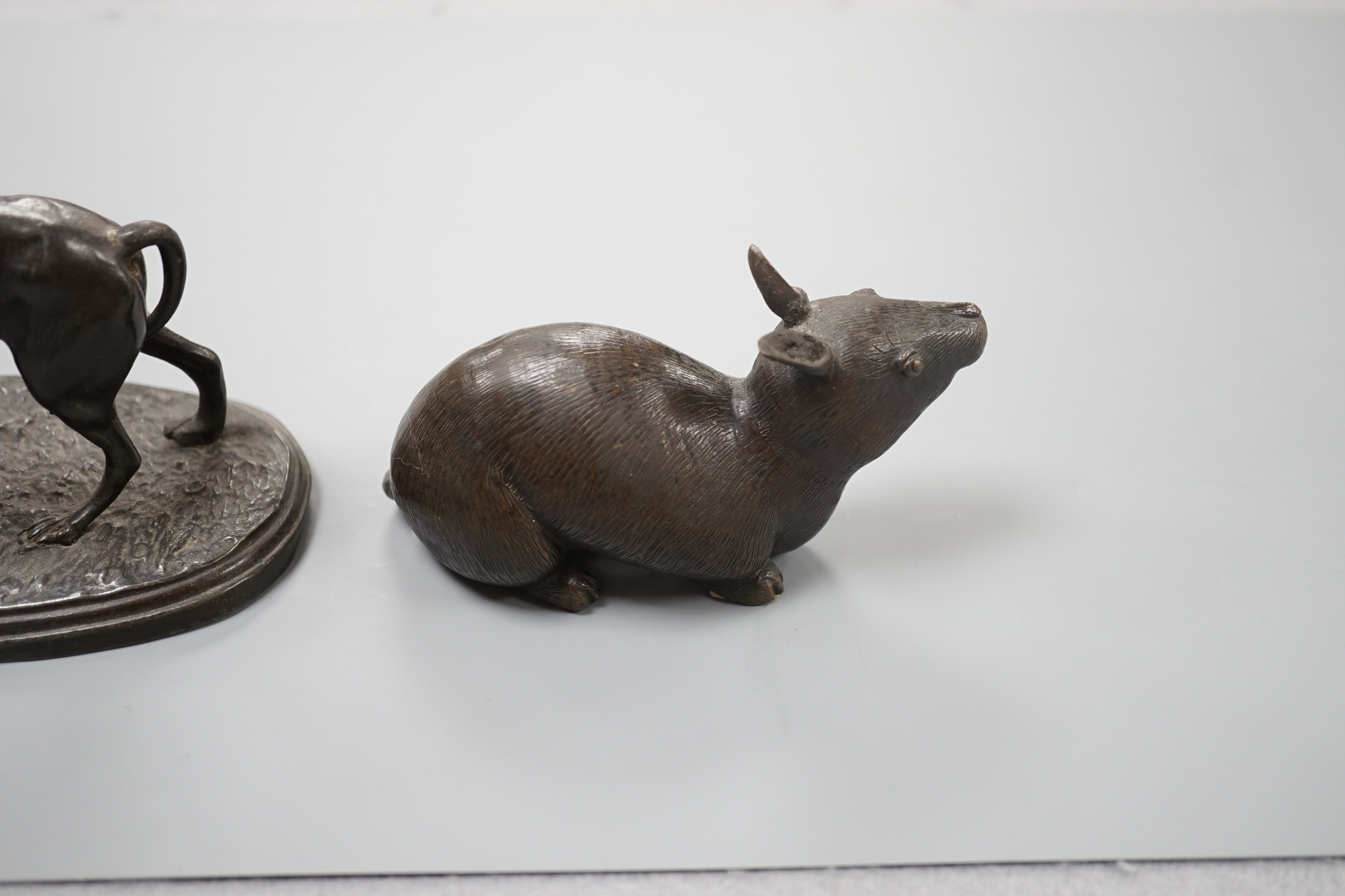 A bronze figure of a mouse and an Animalier group of a playful dog and tortoise, mouse 11cms wide.